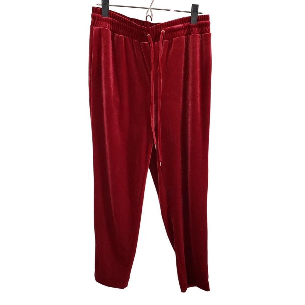 Anne Klein Woman Size S Red Velour Pull On Drawstring Elastic Waist Tapered Pant